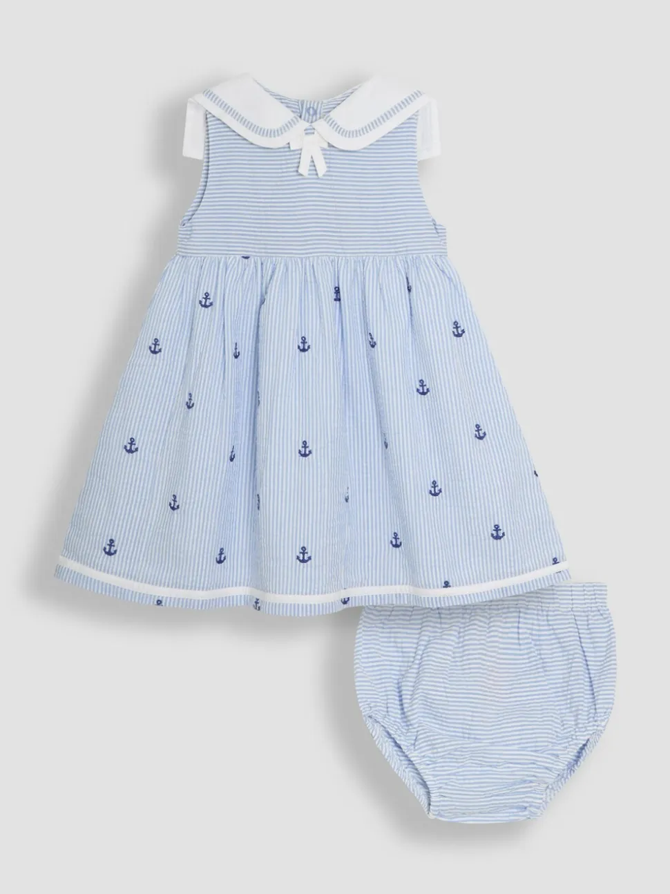 JoJo Maman Bébé Blue Nautical Embroidered Seersucker Sailor Baby Dress