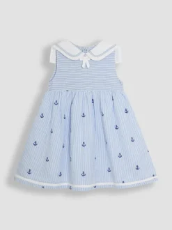 JoJo Maman Bébé Blue Nautical Embroidered Seersucker Sailor Baby Dress