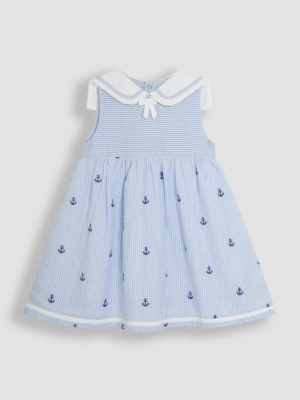 JoJo Maman Bébé Blue Nautical Embroidered Seersucker Sailor Baby Dress