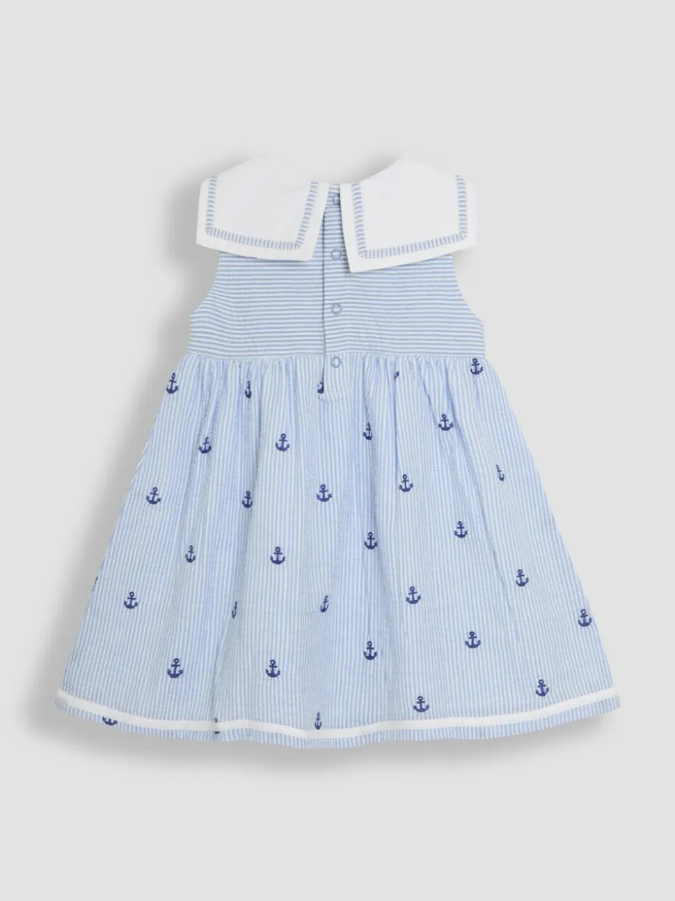 JoJo Maman Bébé Blue Nautical Embroidered Seersucker Sailor Baby Dress