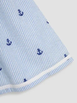 JoJo Maman Bébé Blue Nautical Embroidered Seersucker Sailor Baby Dress