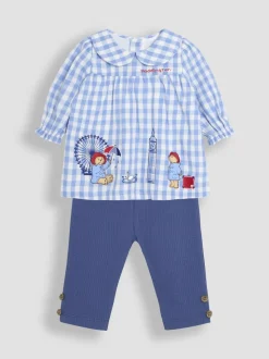 JoJo Maman Bébé Blue Paddington Appliqué Gingham Top & Leggings Set