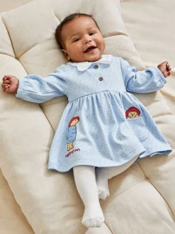 JoJo Maman Bébé Blue Paddington Appliqué Button Front Dress & Tights Set