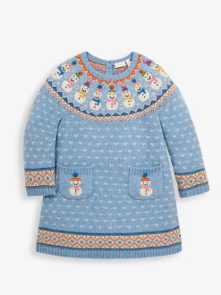 JoJo Maman Bébé Blue Snowman Fairisle Pattern Knitted Dress