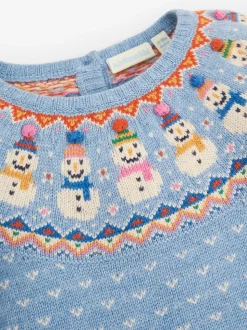 JoJo Maman Bébé Blue Snowman Fairisle Pattern Knitted Dress