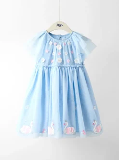 JoJo Maman Bébé Blue Swan Appliqué Tulle Party Dress