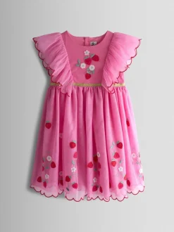 JoJo Maman Bébé Bright Pink Strawberry Wildflower Embroidered Puff Sleeve Tulle Party Dress
