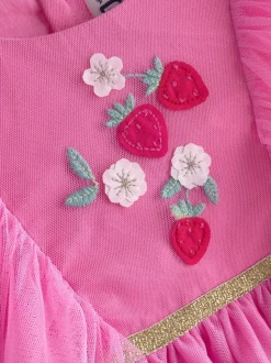 JoJo Maman Bébé Bright Pink Strawberry Wildflower Embroidered Puff Sleeve Tulle Party Dress