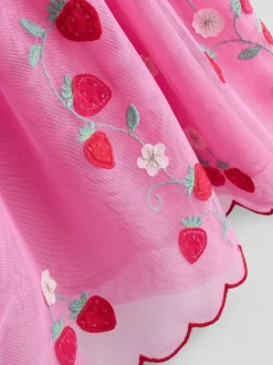 JoJo Maman Bébé Bright Pink Strawberry Wildflower Embroidered Puff Sleeve Tulle Party Dress