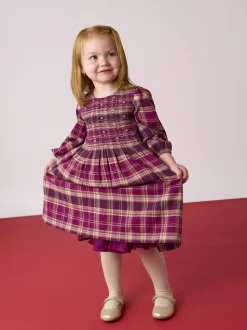 JoJo Maman Bébé Burgundy Smocked Tartan Party Dress
