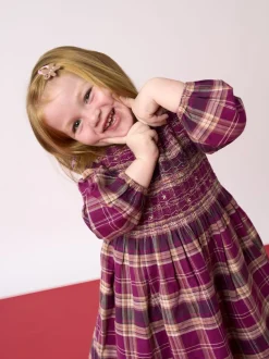 JoJo Maman Bébé Burgundy Smocked Tartan Party Dress