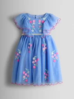 JoJo Maman Bébé Cornflower Blue Floral And Cherry Appliqué Tulle Party Dress