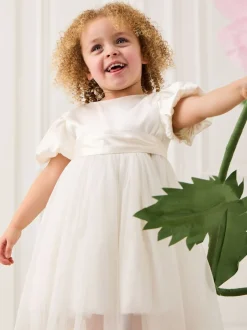 JoJo Maman Bébé Cream Balloon Sleeve Satin Sash Flower Girl Dress