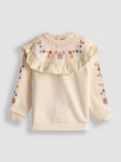 JoJo Maman Bébé Cream Butterfly Floral Embroidered Frill Sweatshirt