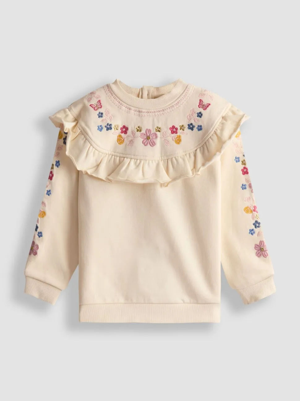 JoJo Maman Bébé Cream Butterfly Floral Embroidered Frill Sweatshirt