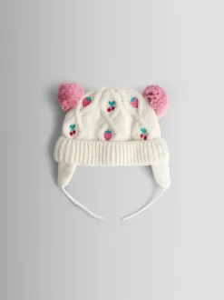 JoJo Maman Bébé Cream Cherry Cherry Applique Pom Pom Knitted Hat