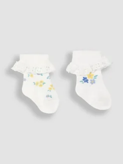 JoJo Maman Bébé White Floral 2-Pack Frilly Socks