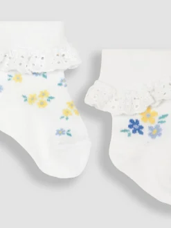 JoJo Maman Bébé White Floral 2-Pack Frilly Socks