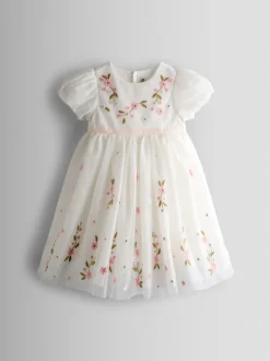 JoJo Maman Bébé White Floral Wildflower Embroidered Puff Sleeve Tulle Party Dress
