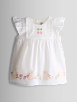 JoJo Maman Bébé White Mouse Appliqué Frill Shoulder Baby Dress