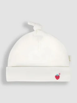 JoJo Maman Bébé White Strawberry Embroidered Cotton Baby Hat