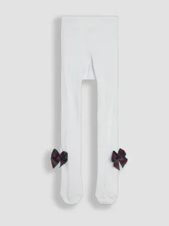 JoJo Maman Bébé White Tartan Cotton Rich Tights With Bows