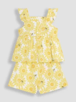 JoJo Maman Bébé Yellow Sunflower Print 2-Piece Frill Shoulder Top & Short Set