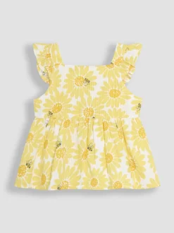 JoJo Maman Bébé Yellow Sunflower Print 2-Piece Frill Shoulder Top & Short Set