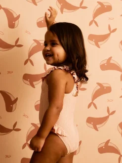 KIDLY By MORI Pink Seersucker Frilled Swimsuit