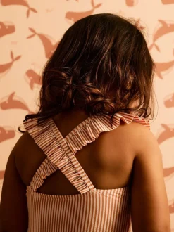 KIDLY By MORI Pink Seersucker Frilled Swimsuit