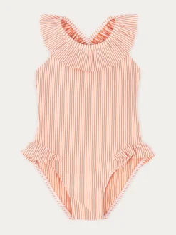KIDLY By MORI Pink Seersucker Frilled Swimsuit