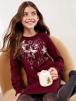 Lipsy Berry Red Star Christmas Crew Neck Knitted Dress (5-16yrs)