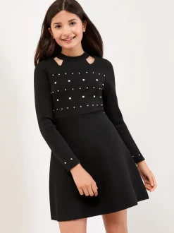 Lipsy Black Cold Shoulder Embellished Knit Dress (5-16yrs)