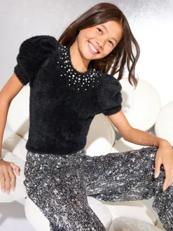 Lipsy Black Embellished Short Sleeve Crew Neck Knitted Top (5-16yrs)