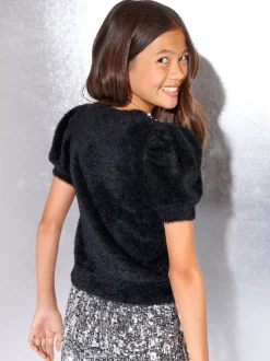 Lipsy Black Embellished Short Sleeve Crew Neck Knitted Top (5-16yrs)
