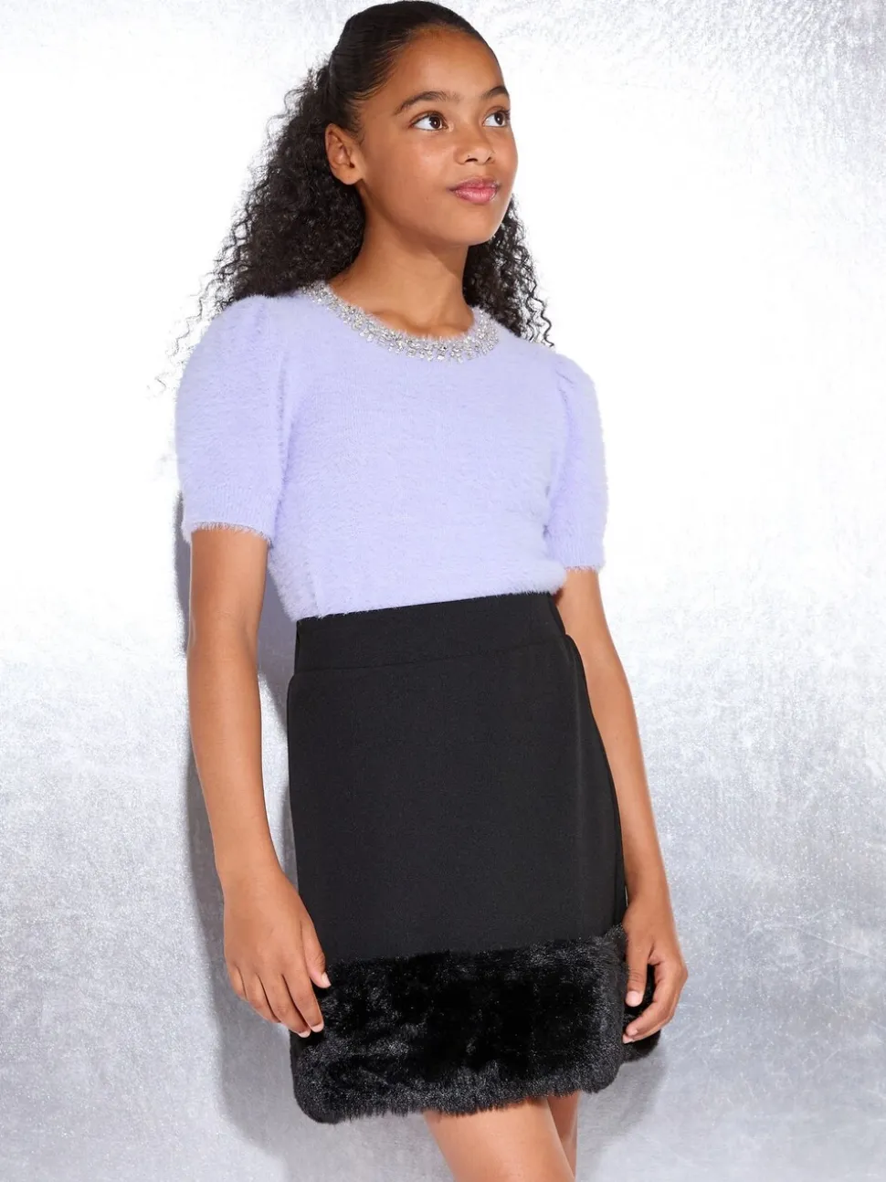 Lipsy Black Faux Fur Hem Skirt (5-16yrs)