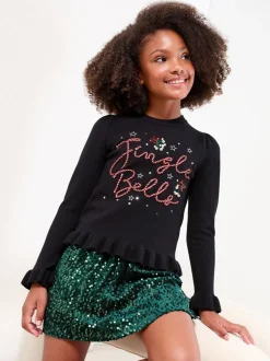 Lipsy Black Jingle Bells Christmas Crew Neck Fine Gauge Knitted Jumper (5-16yrs)