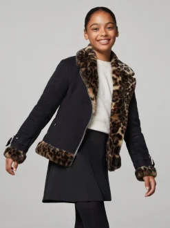 Lipsy Black Leopard Faux Fur Aviator Jacket (5-16yrs)