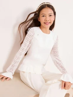 Lipsy White Knit Peplum Lace Occasion Jumper (5-16yrs)