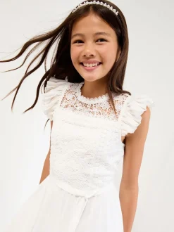 Lipsy White Lace Front Flutter Sleeve Occasion Dress (5-16yrs)