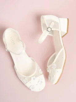 Lipsy White Sequin Floral Mesh Occasion Flower Girl Block Heeled Sandals