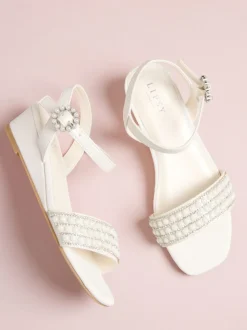 Lipsy White Shimmer Pearl Occasion Flower Mini Wedge Sandals