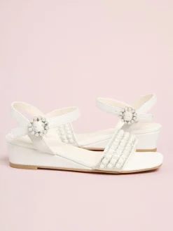 Lipsy White Shimmer Pearl Occasion Flower Mini Wedge Sandals