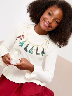 Lipsy White Slogan Christmas Crew Neck Fine Gauge Knitted Jumper (5-16yrs)