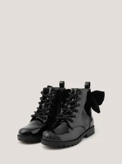 Monsoon Black Bow Patent Lace Up Boots