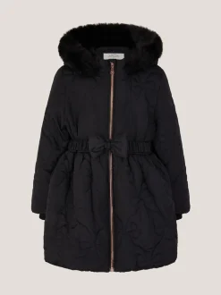 Monsoon Black Faux Fur Hooded Bow Quilted Coat