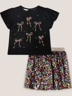 Monsoon Black Velvet Bow Top & Sequin Skirt Set