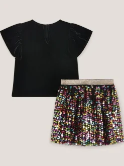 Monsoon Black Velvet Bow Top & Sequin Skirt Set