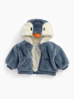 MORI Blue Penguin Faux Fur Cosy Zip Up Hooded Jacket