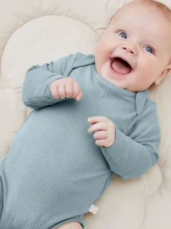 MORI Blue Ribbed Stretch Long Sleeve Envelope Neckline Bodysuit